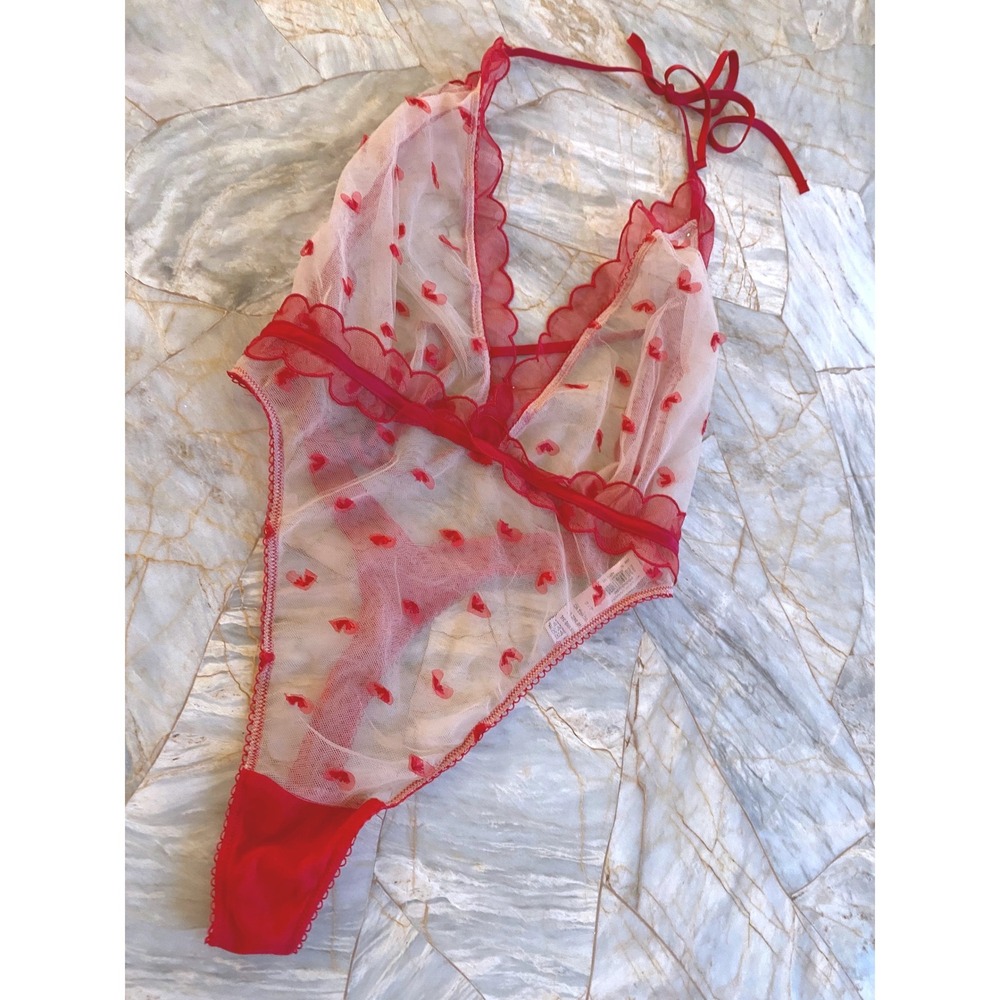 Victoria's Secret Red Heart Mesh Halter Bodysuit Scalloped Ruffle Thong Lingerie